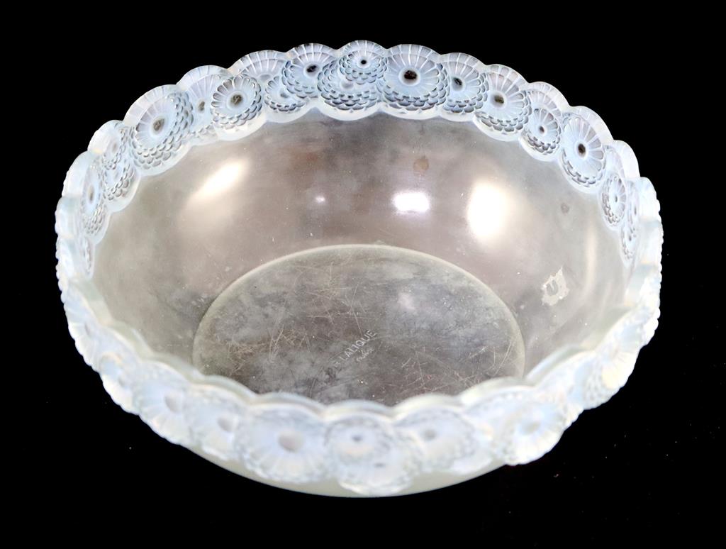 René Lalique. A pre-war frosted glass Soucis pattern bowl, no.418, designed in 1931 24cm diameter